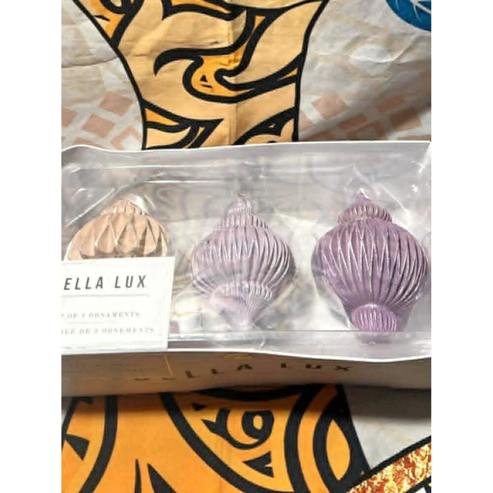 Bella Lux Set of 3 Ornaments – Lavender & Champagne Geometric Holiday Decor (NIB